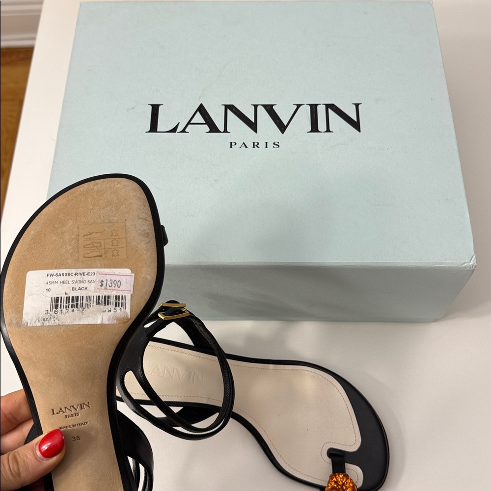 Lanvin Black Leather Ankle-Strap Sandals with Amber Toe Embellishments - Picture 3 of 6